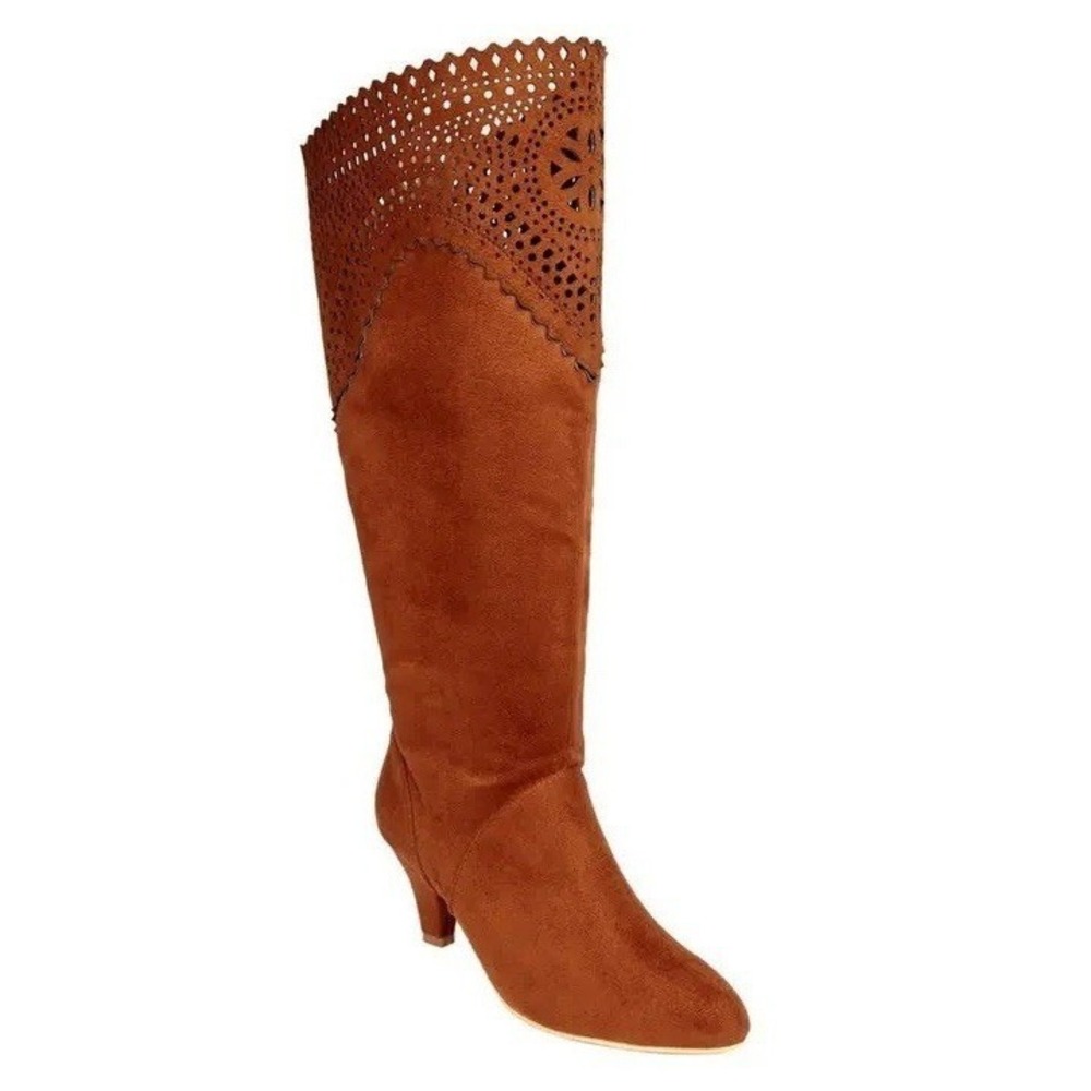 Knee High Suede Heel Boots Womens 7.5W Brown Embroidered Y2K‎ Western Chic
